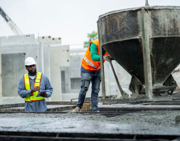 Male engineers are inspecting and controlling the work of the employees and the quality of the manufactured products to meet the standards. In industrial factories producing precast prefabricated walls